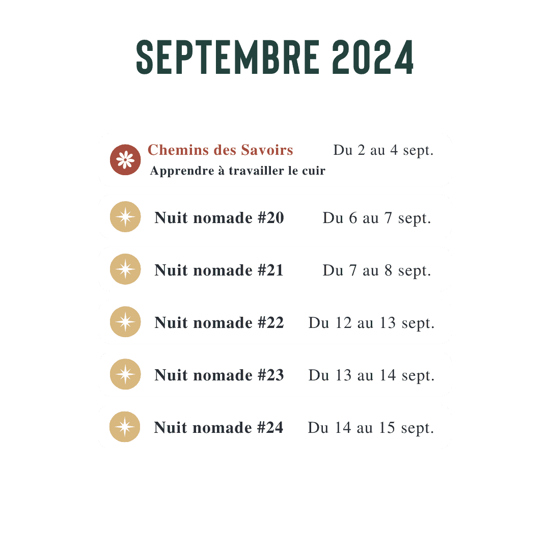 Agenda des séjours nomades des terres pour septembre 2024.